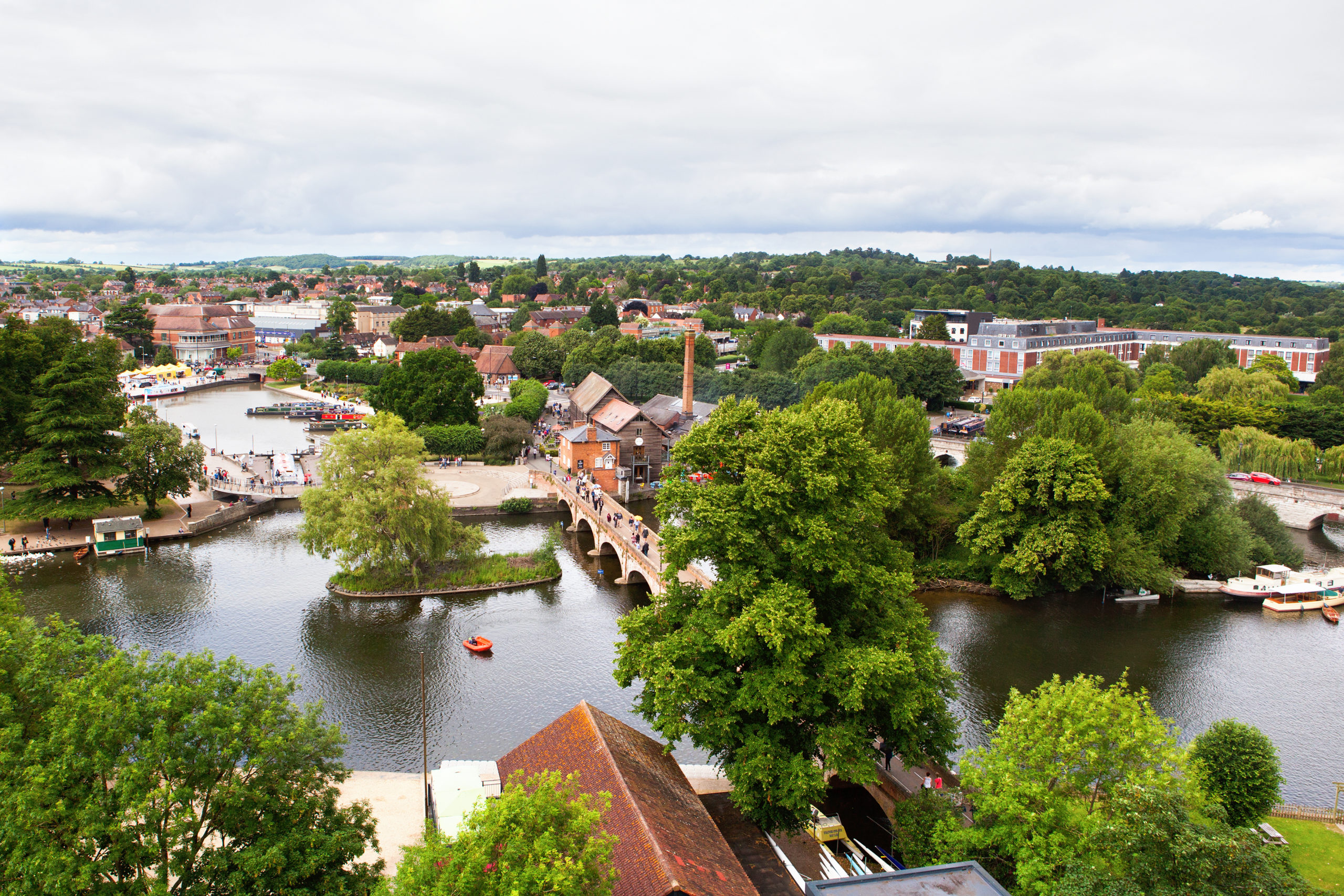 View of Stratford-Upon-Avon from the air, Warwickhire, England, the birthplace of William Shakespeare, selective focus