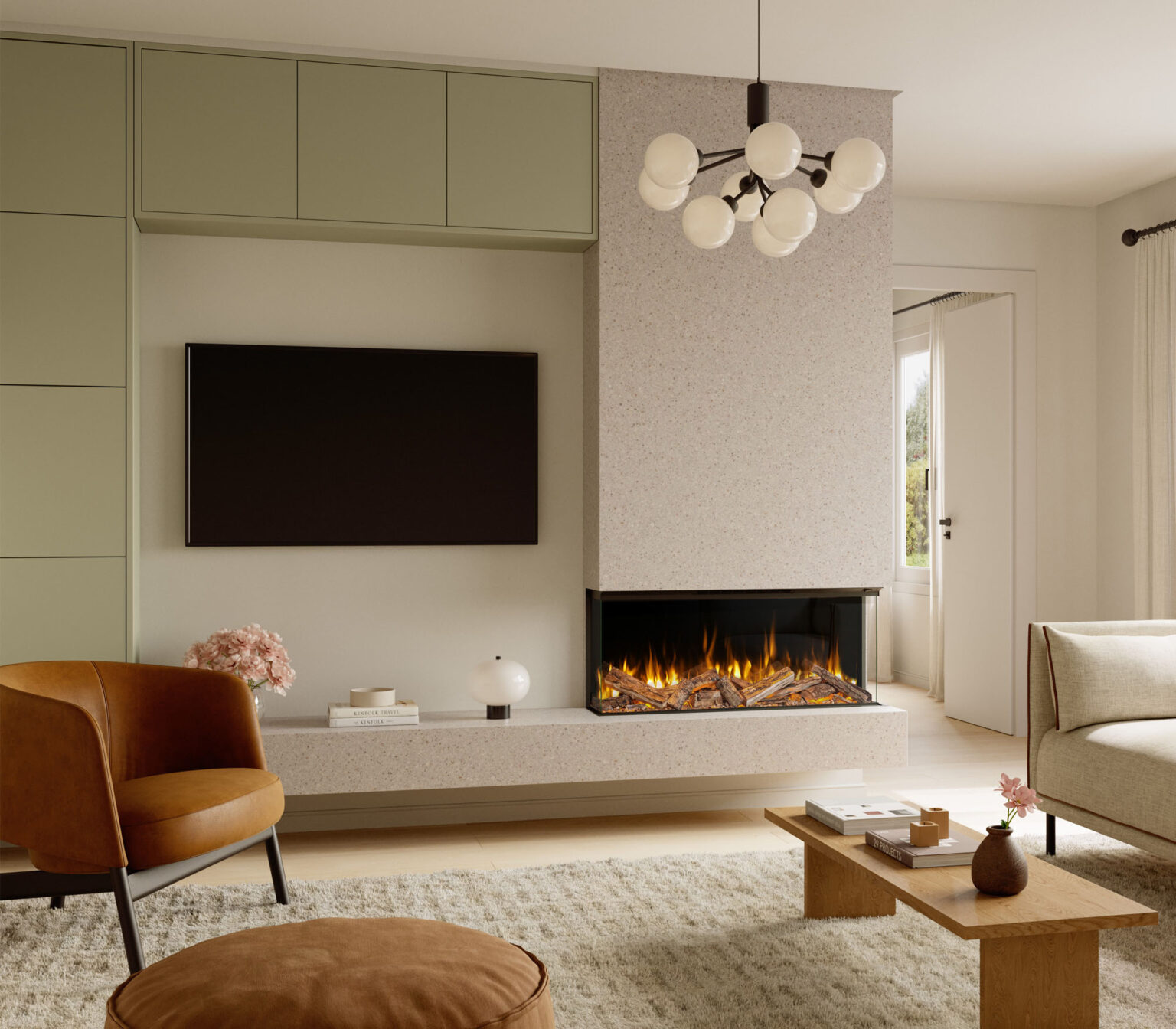 Volektra 1000mm media-wall fire by Evonic Fires installed into light and airy British living room