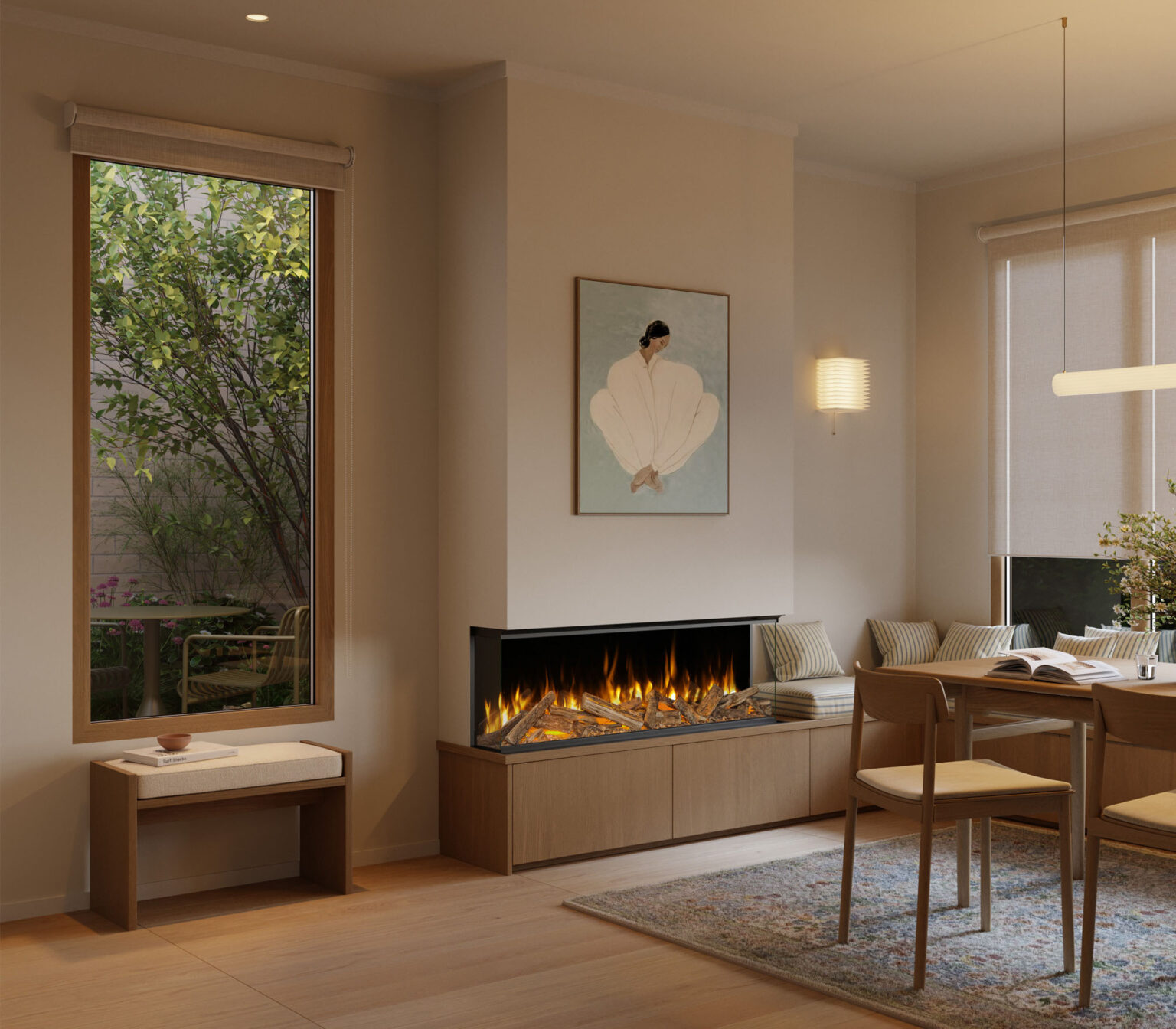 Volektra 1250mm media-wall fire by Evonic Fires fitted into contemporary and minimal dining area