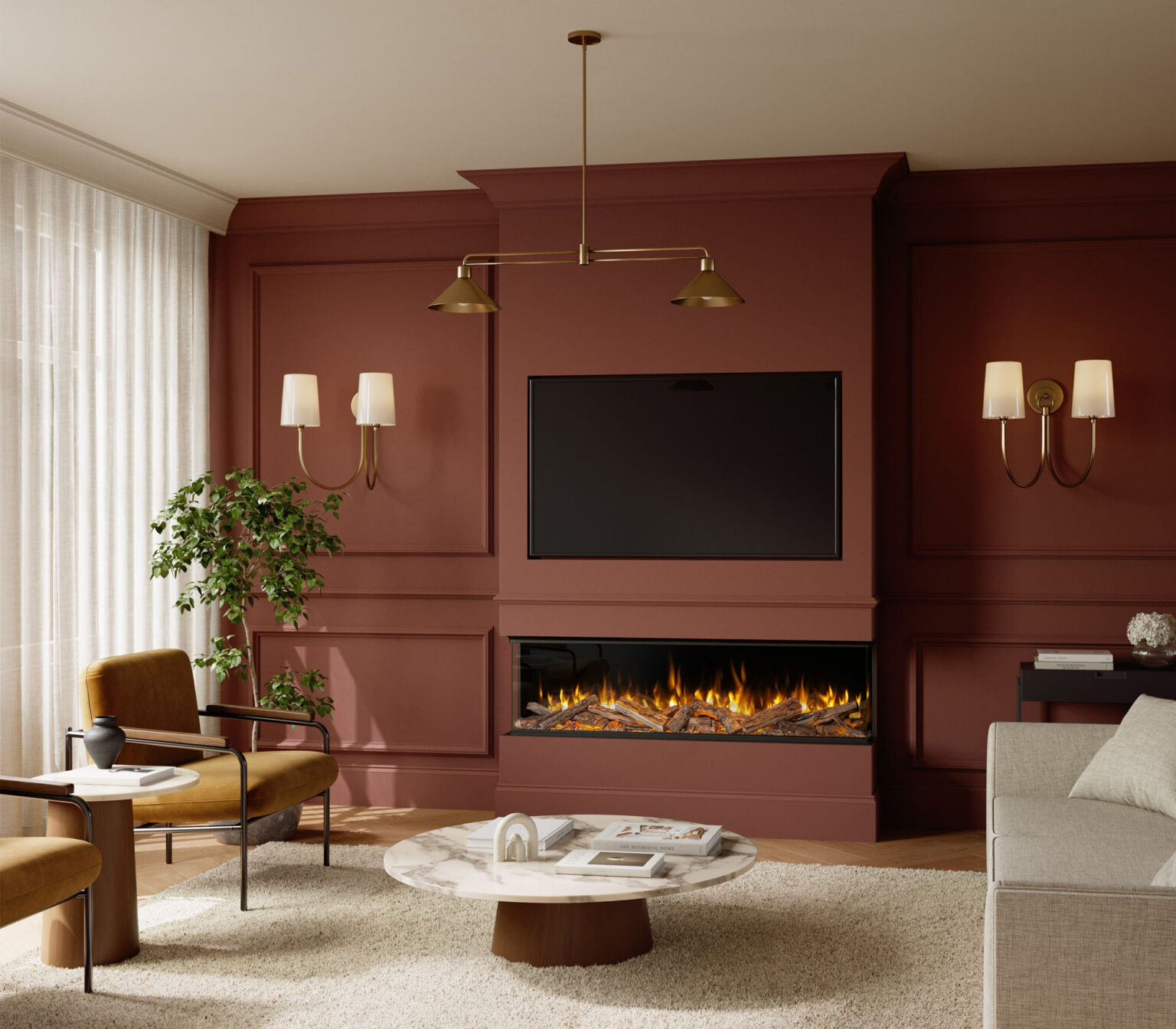 Volektra 1500mm media-wall fire by Evonic Fires fitted into sophisticated warm mahogany living area