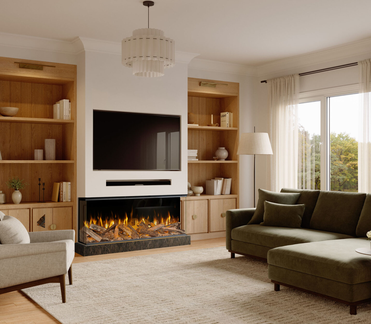 Volektra 1560mm media-wall fire by Evonic Fires in airy British front room with wood shelving.