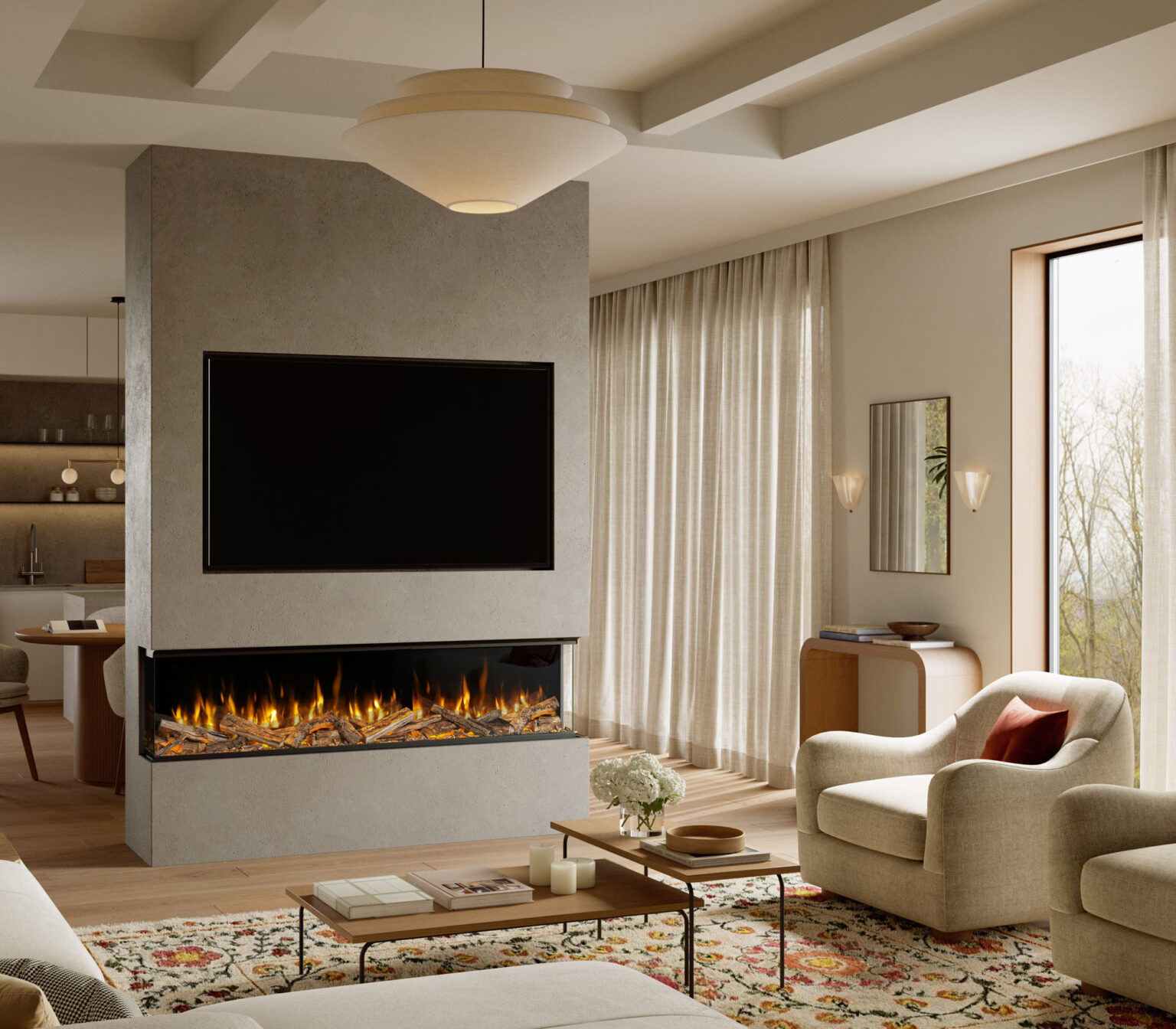 Volektra 1800mm media-wall fire by Evonic Fires fitted into room divider in modern, open plan British living space.
