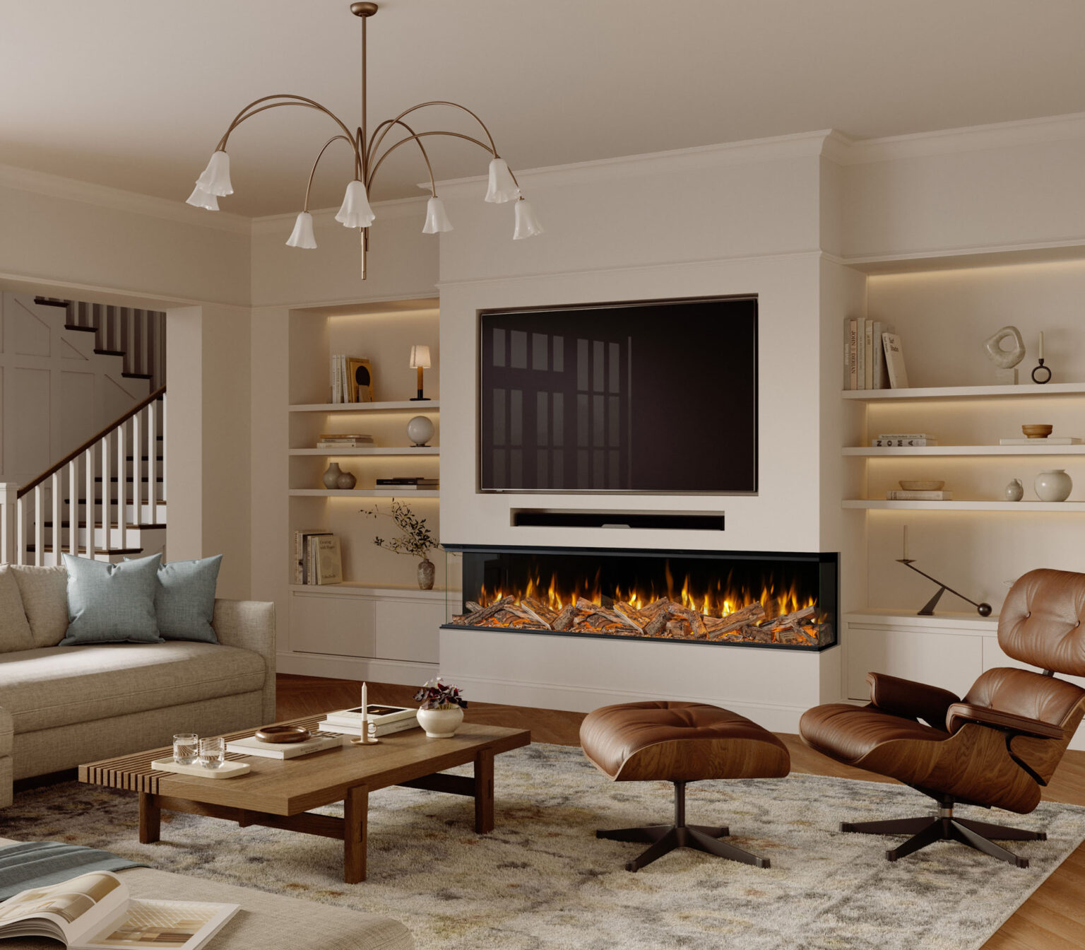 Volektra 2100mm media-wall fire by Evonic Fires installed into media wall with TV above and shelving detail on either side