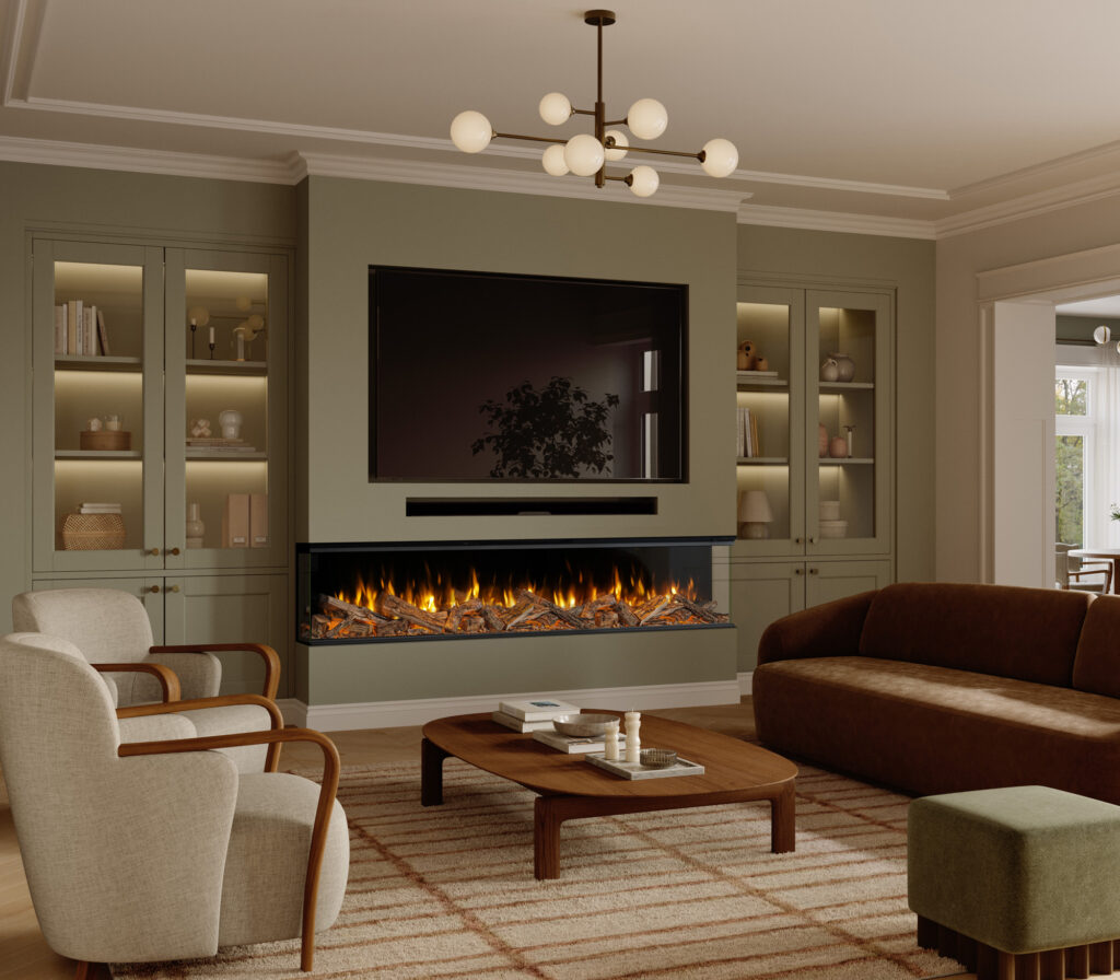 Volektra 2400mm fire by Evonic Fires installed into stylish sage green media wall unit