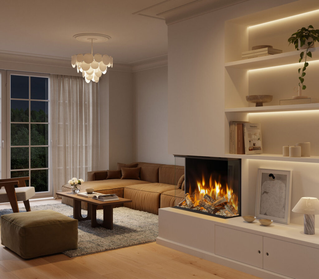 Volektra 800mm fire by Evonic Fires installed into modern British living room
