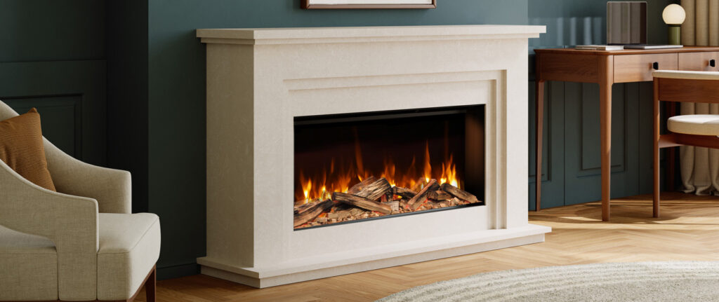 Bourton 1500 by Evonic Fires finished in latte Imperial marble