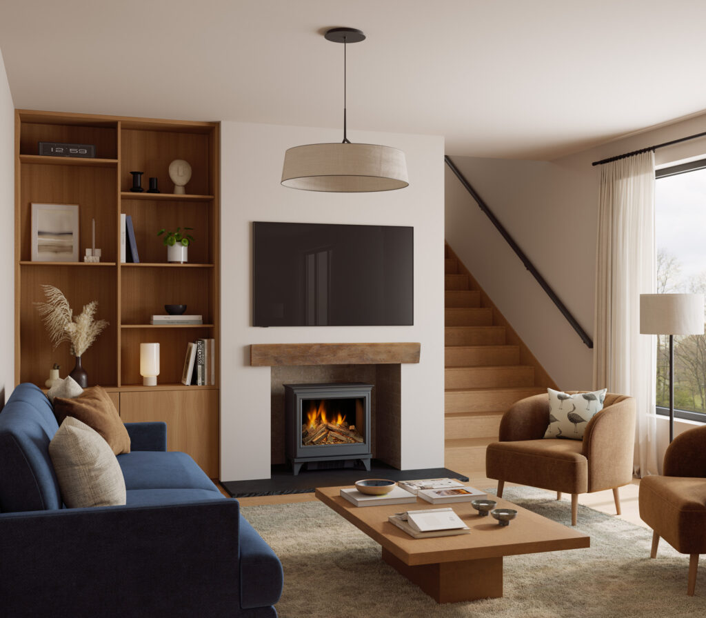 Evonic Fires Campden 6 electric stove displayed in a modern living room fireplace with realistic flame effect, oak shelving, neutral décor, and contemporary furnishings.