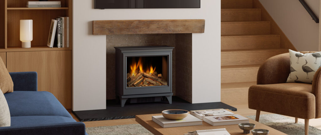 Evonic Fires Campden 6 electric stove with realistic flames in a modern living room fireplace.