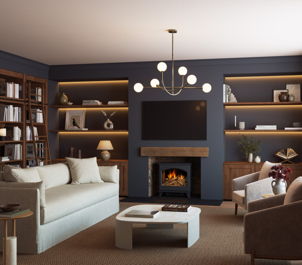 Loxley 6 stove by Evonic Fires installed within a contemporary living room fireplace, featuring a realistic flame effect beneath a timber mantel, surrounded by dark blue built-in shelving and warm ambient lighting.