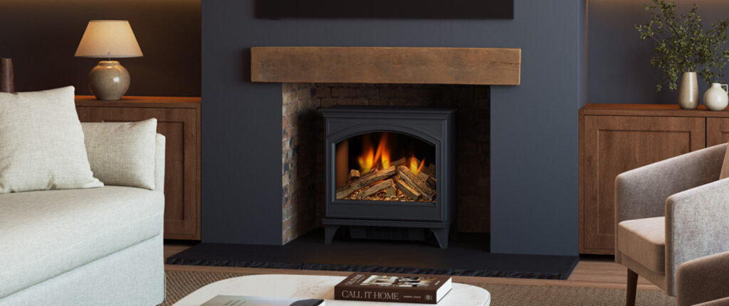 Evonic Fires Loxley 6 electric stove with realistic flame effect in a contemporary living room fireplace.