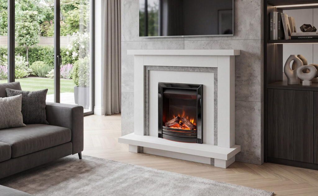 Comberton inset fire shown in Black with Nickel inlay