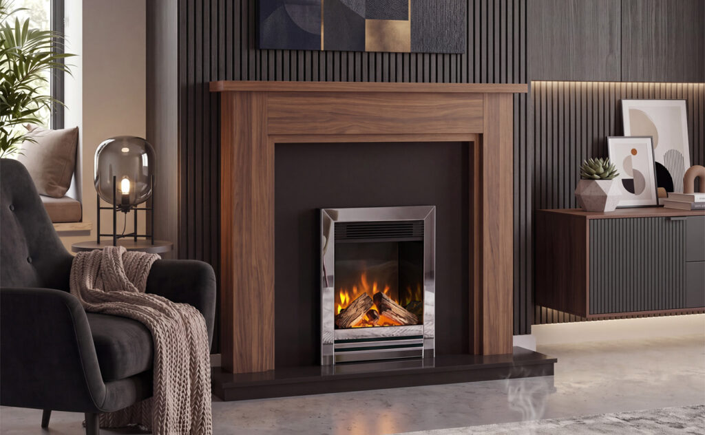 Chimenea eléctrica encastrable C1 Stanway con embellecedor cromado
