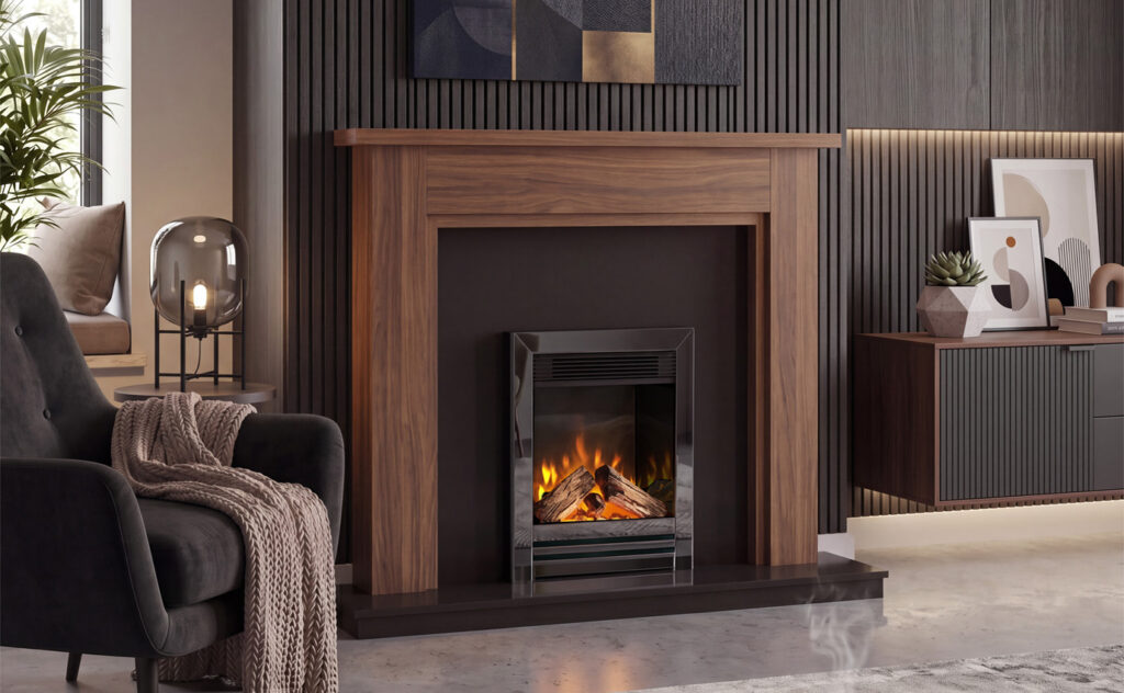 Chimenea eléctrica encastrable C1 Stanway con embellecedor de níquel