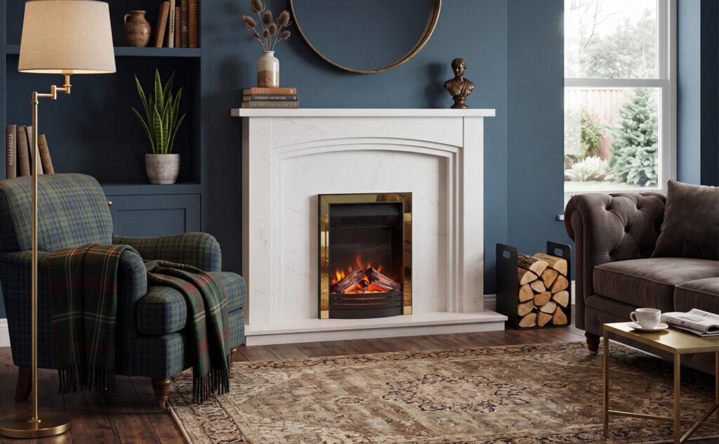 Comberton inset fire shown in Black with brass inlay