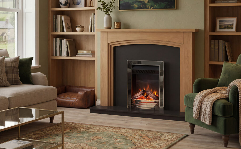 Comberton inset fire shown in Chrome with Nickel inlay