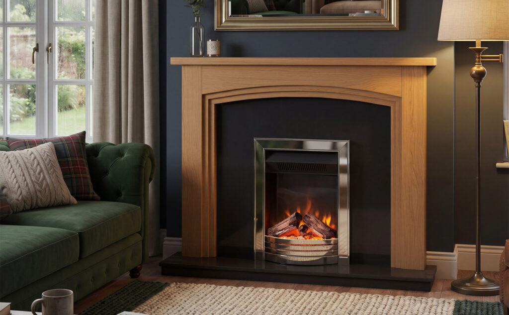 Comberton inset fire shown in Chrome with Polished inlay